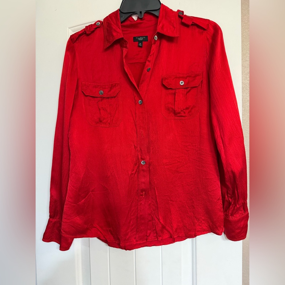 Talbots Petites Red Button Down Blouse 8P Textured Utility Shirt